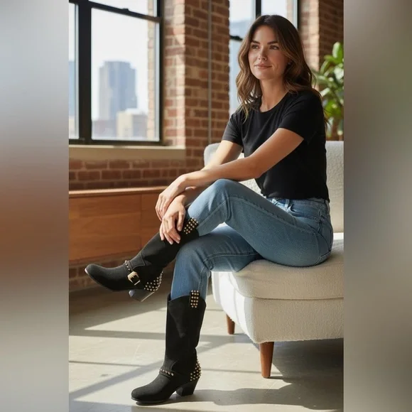 Betsey Johnson Yendell Black Suede Studded Western Boots Size 6 - Picture 16 of 16